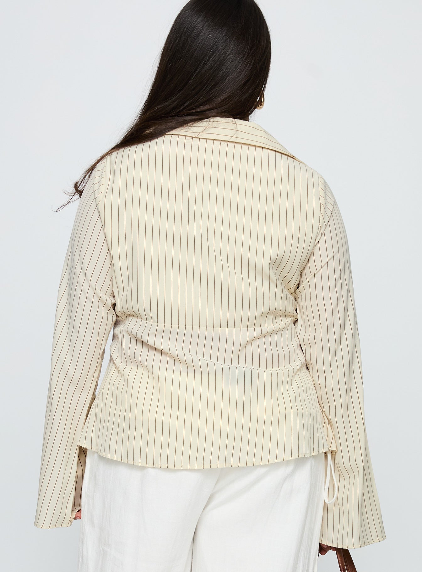 back view of model wearing Princess Polly Life Begins Long Sleeve Lace Trim Top Cream Stripe Curve Full Sleeves Plunger 
