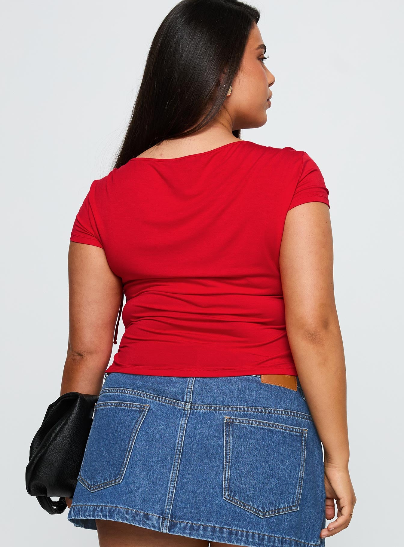 back view of model wearing Princess Polly Daena Tie Detail Top Red Curve Short Sleeves Square Neck 
