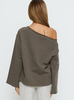 back view of model wearing Princess Polly Blue Ridge Mountains Off Shoulder Graphic Sweater Grey 