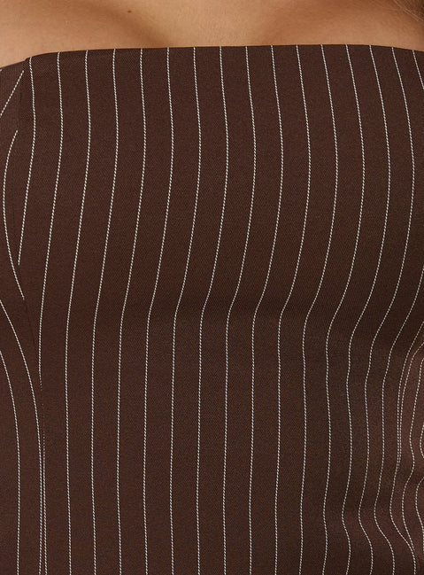 Mikena Strapless Belt Mini Dress Brown Pinstripe