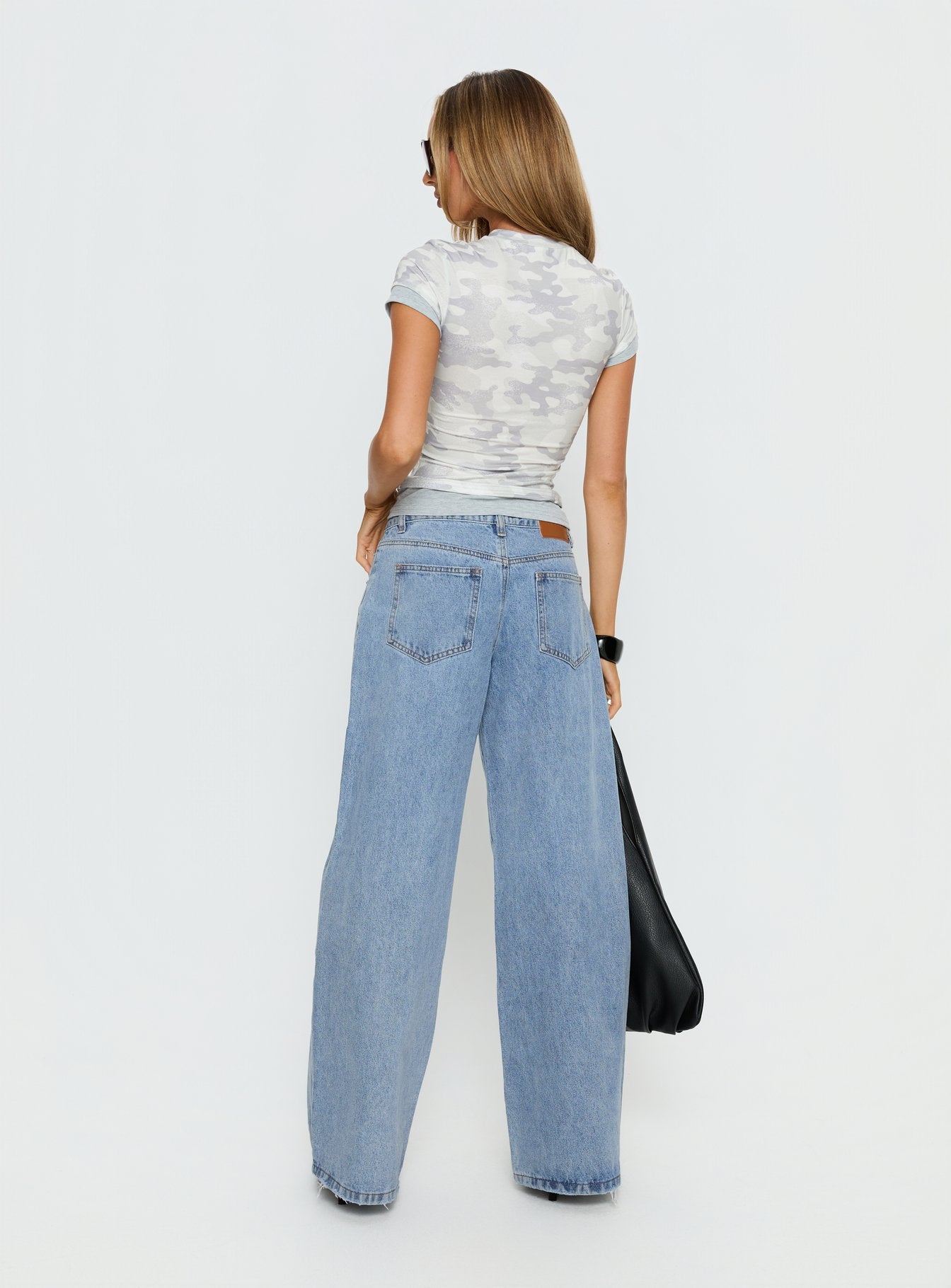Candi Mid Rise Wide Leg Studded Jeans Light Blue Wash | Princess Polly