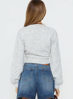 back view of model wearing Princess Polly Dawsen Button Down Cardigan Grey cropped 