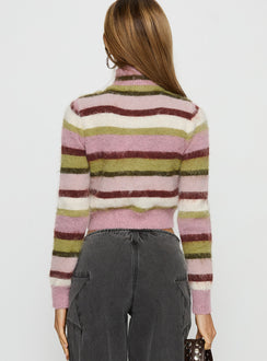 back view of model wearing Princess Polly Keeva Zip Through Knit Jumper Pink / Green Stripe cropped 