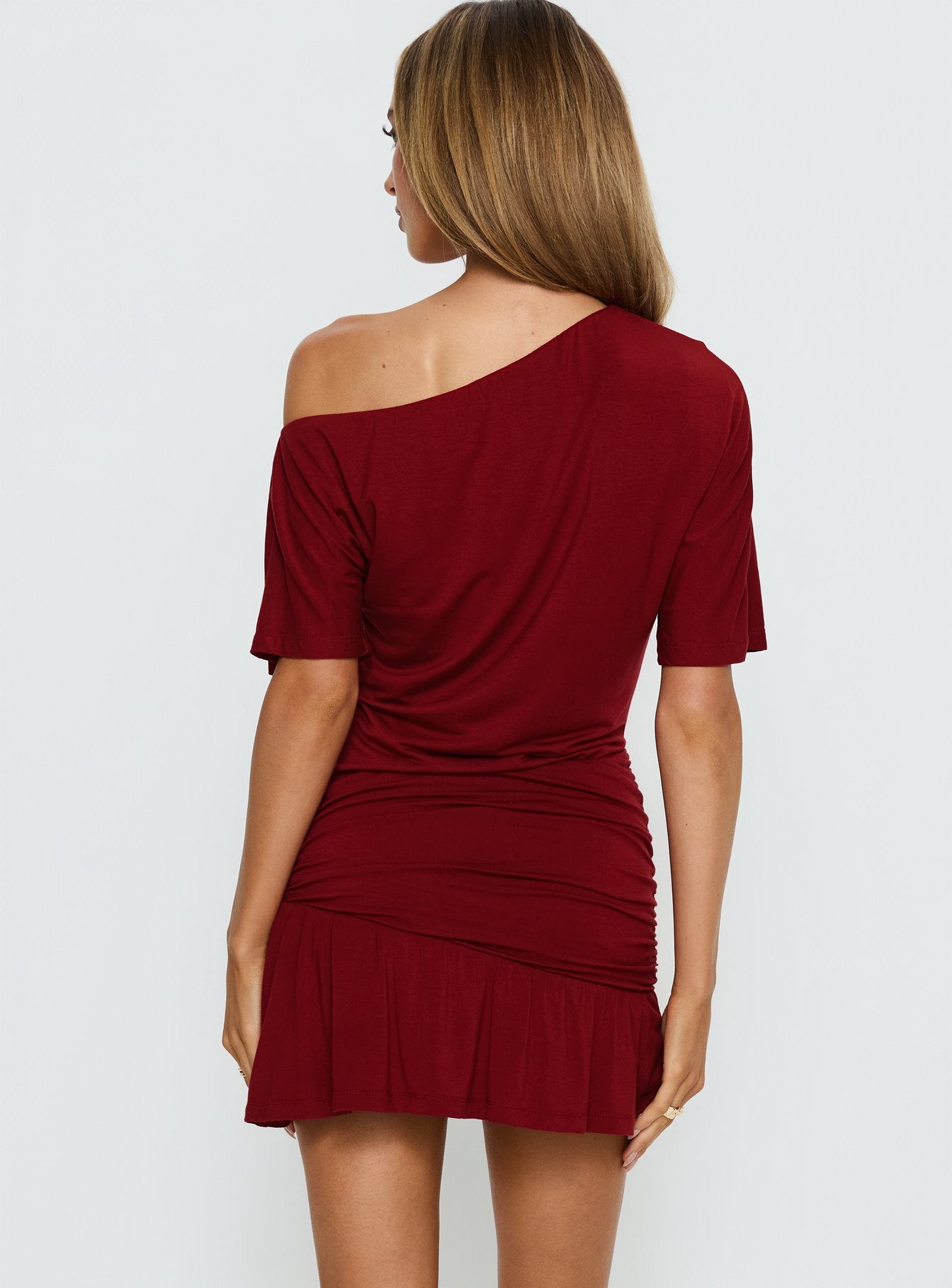 Haylo Off Shoulder Drape Mini Dress Burgundy