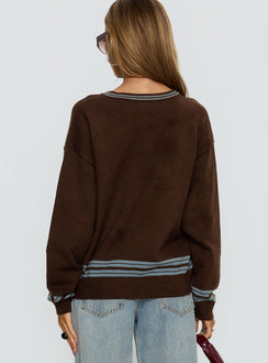 back view of model wearing Princess Polly Yarnia V Neck Jumper Brown / Blue regular 