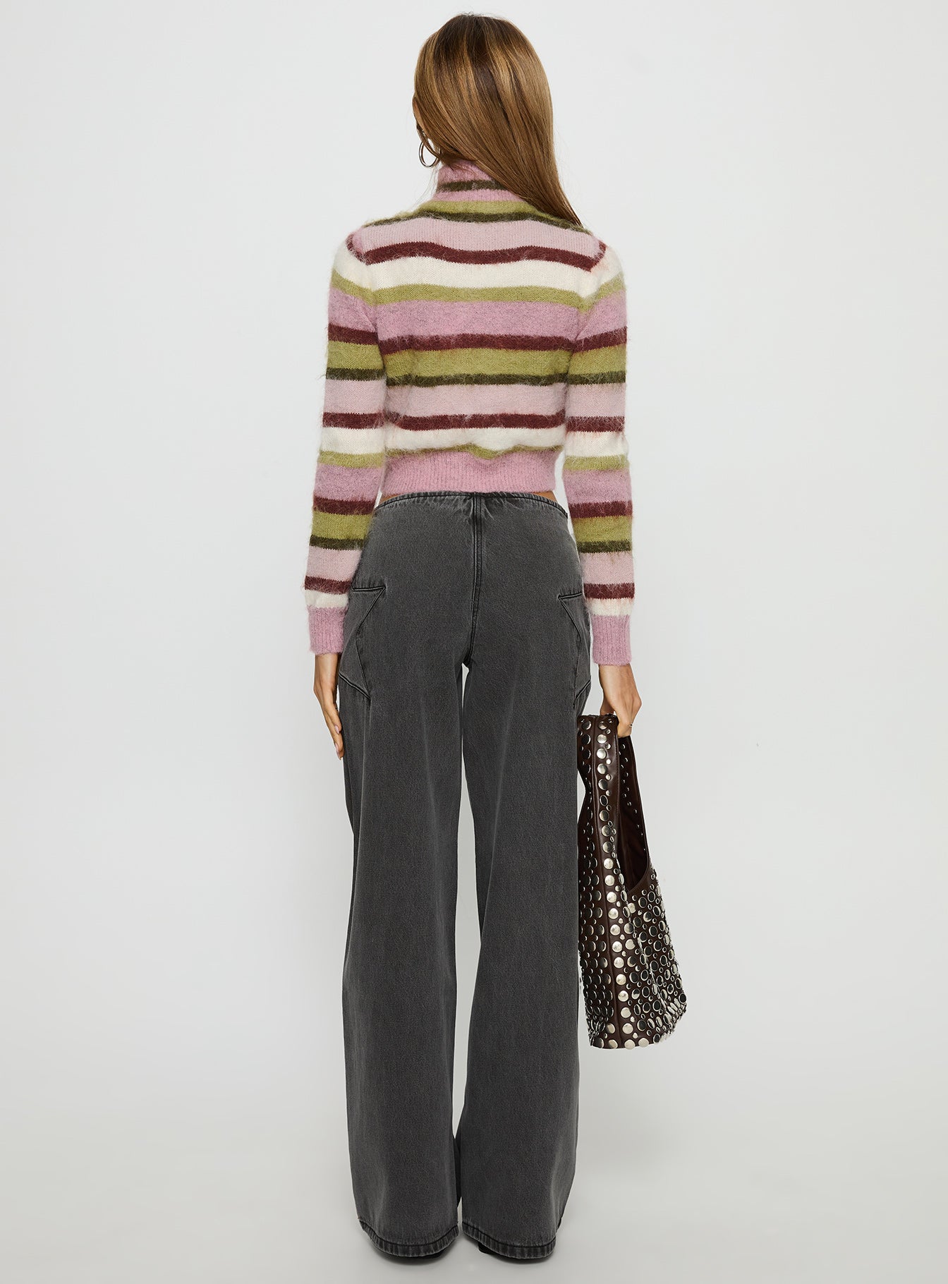 back view of model wearing Princess Polly Dolley Star Stitch Mid Rise Wide Leg Jean Grey Wash Mid Rise Jeans 