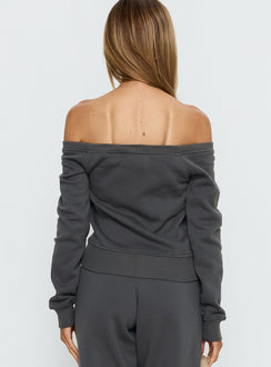 back view of model wearing Princess Polly Airazo Off Shoulder Zip Through Jumper Grey 