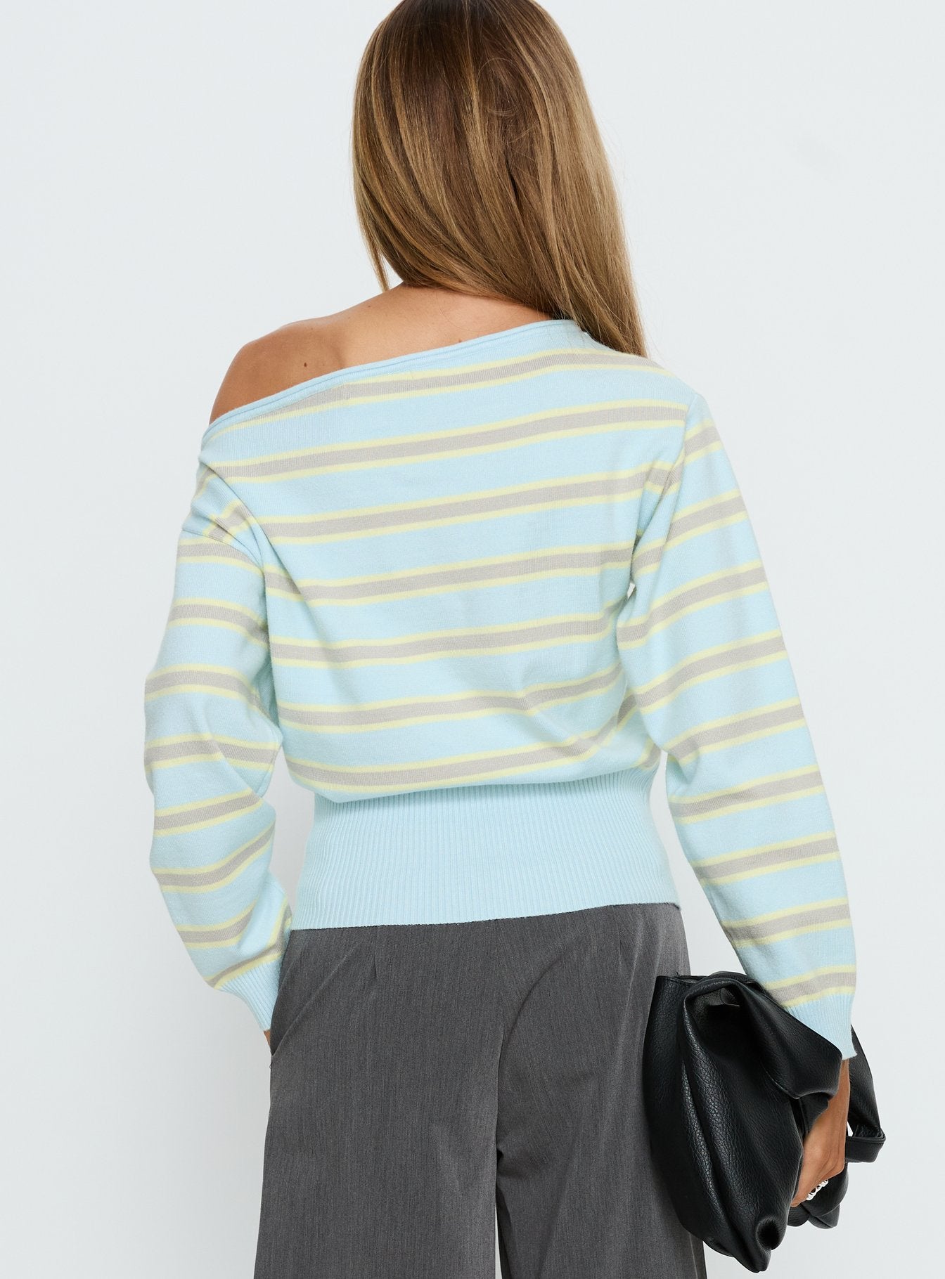 Zinia Off Shoulder Knit Sweater Grey / Blue Stripe