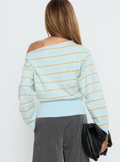 Zinia Off Shoulder Knit Sweater Grey / Blue Stripe