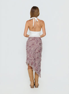 back view of model wearing Princess Polly Suella Asymmetrical Midi Skirt Paisley Multi 