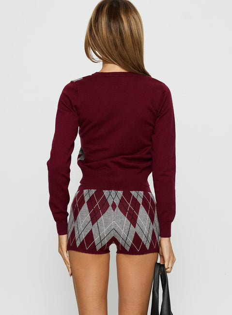 Raiven Knit Shorts Burgundy Argyle