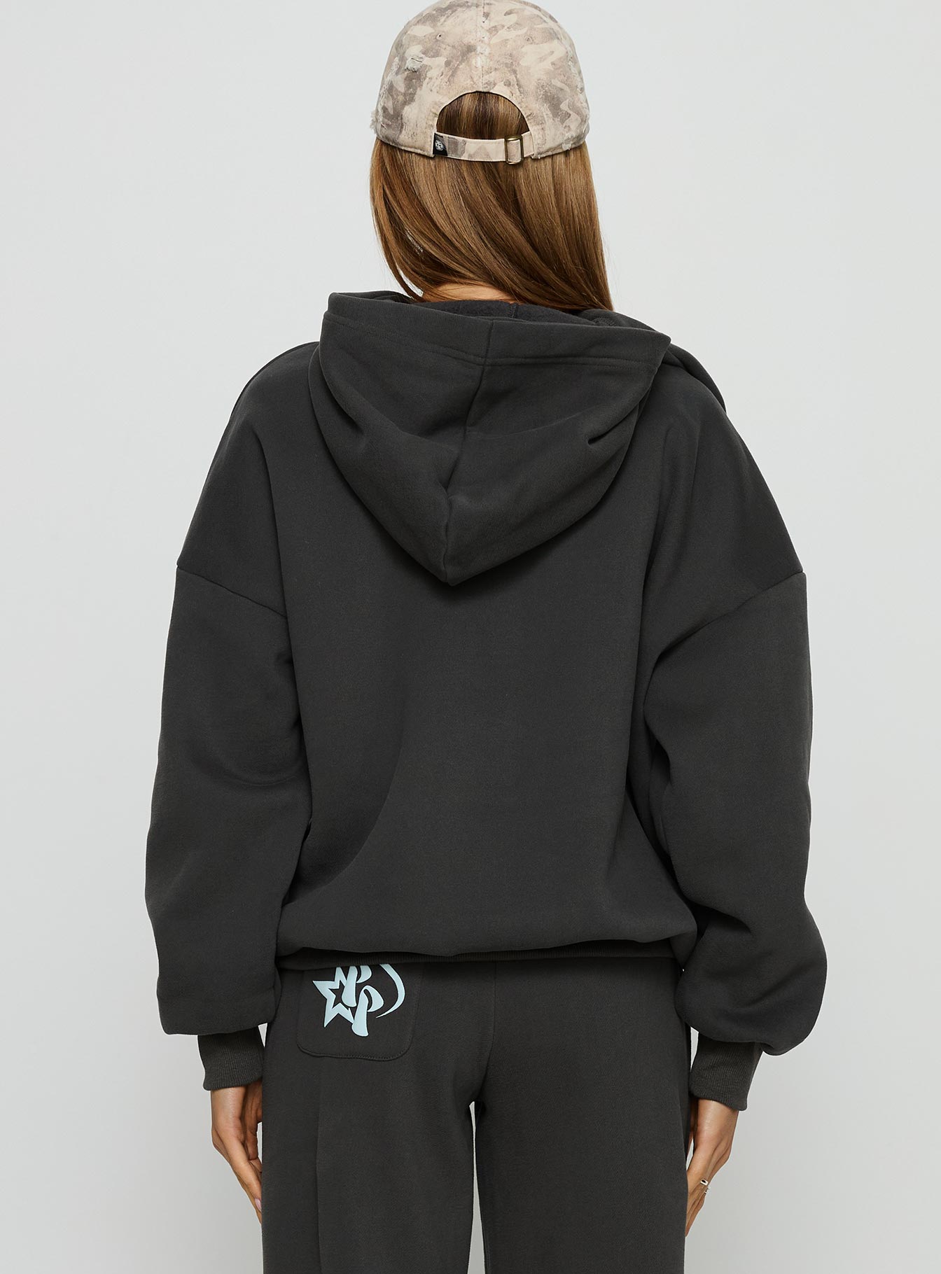 back view of model wearing Princess Polly Princess Polly Stargirl Hoodie Charcoal Longline Jumpers 