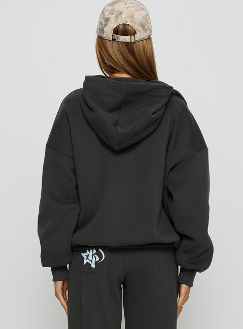 back view of model wearing Princess Polly Princess Polly Stargirl Hoodie Charcoal Longline Jumpers 
