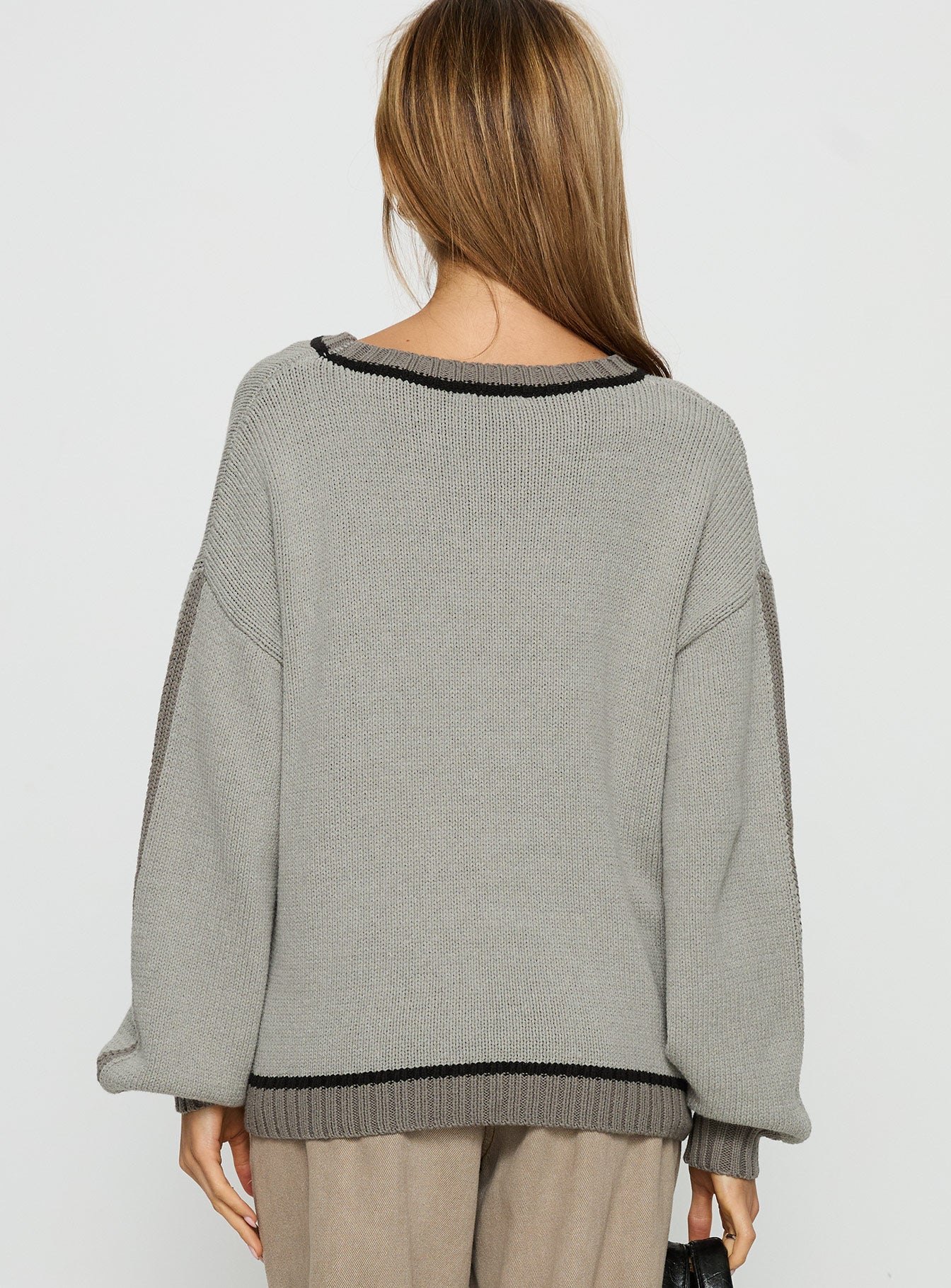 back view of model wearing Princess Polly Star Track Graphic Jumper Grey Longline Jumpers 