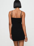 back view of model wearing Princess Polly Rummy Mini Dress Black Sweetheart Neckline 