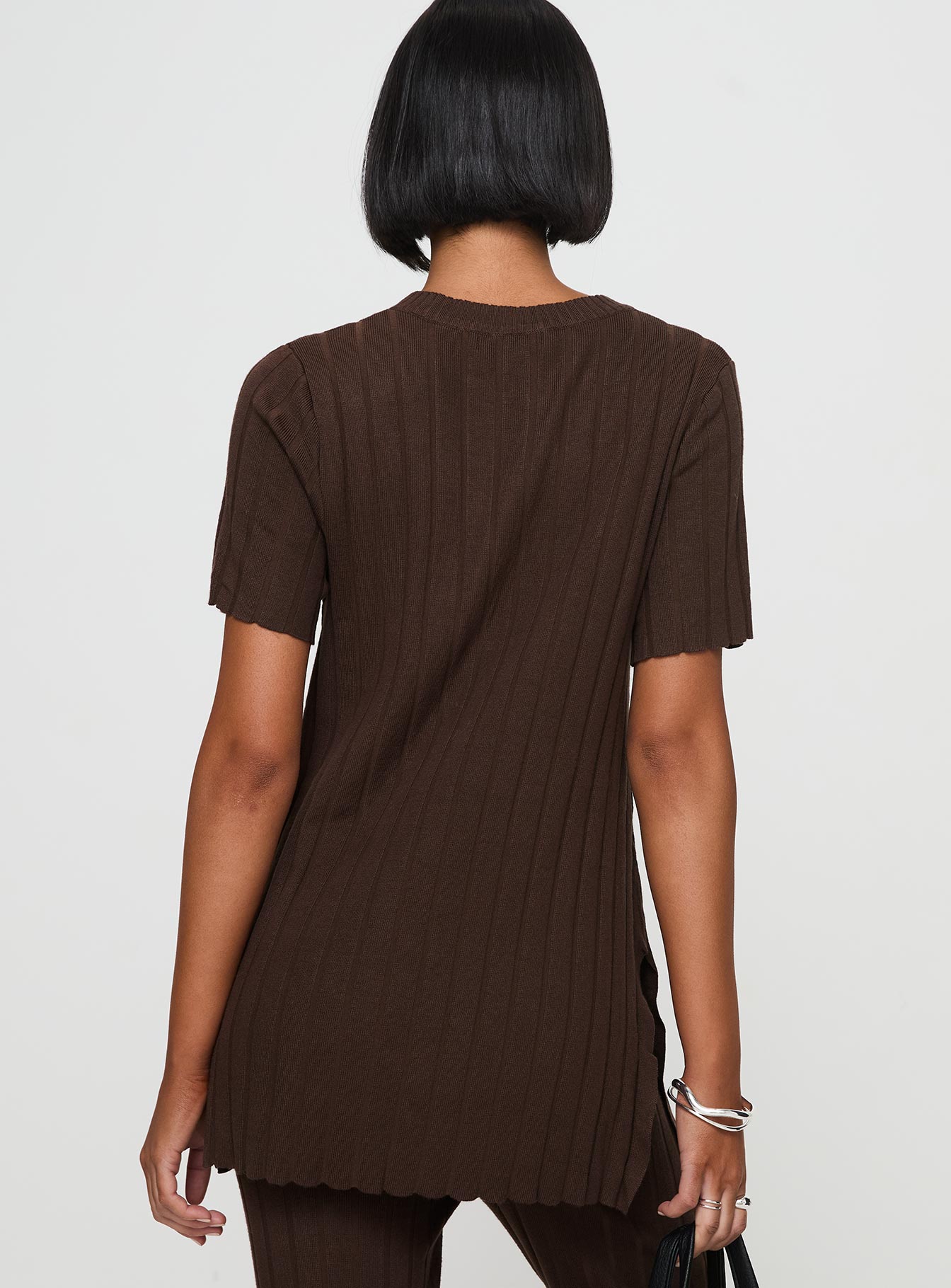 back view of model wearing Princess Polly Niah Ribbed Top Chocolate Short Sleeves Crew Neck 