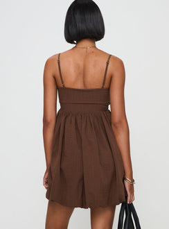 back view of model wearing Princess Polly Layken Bubble Hem Mini Dress Chocolate Petite Square Neck 
