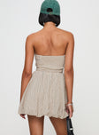 back view of model wearing Princess Polly Quinette Strapless Bubble Hem Mini Dress Beige Stripe Straight Neck 