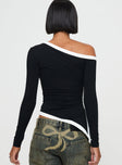 back view of model wearing Princess Polly Fake Smile Long Sleeve Top Black Full Sleeves Asymmetric Neckline 