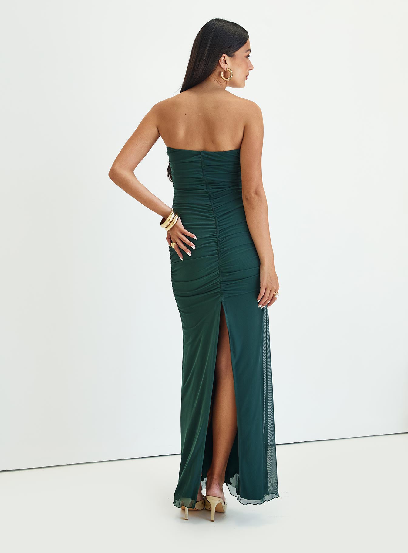 back view of model wearing Princess Polly Gomeza Strapless Cut Out Maxi Dress Dark Green Straight Neck 