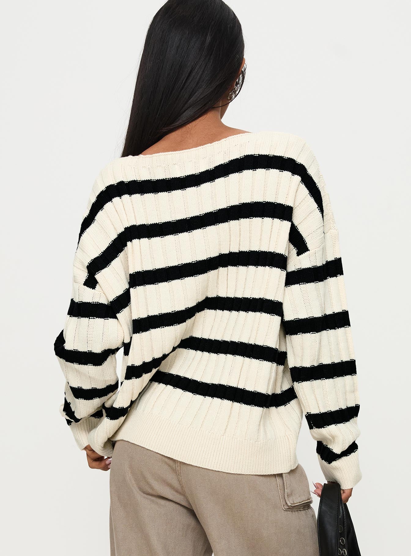 back view of model wearing Princess Polly Elenita Wide Neck Knit Sweater Black / White Long 