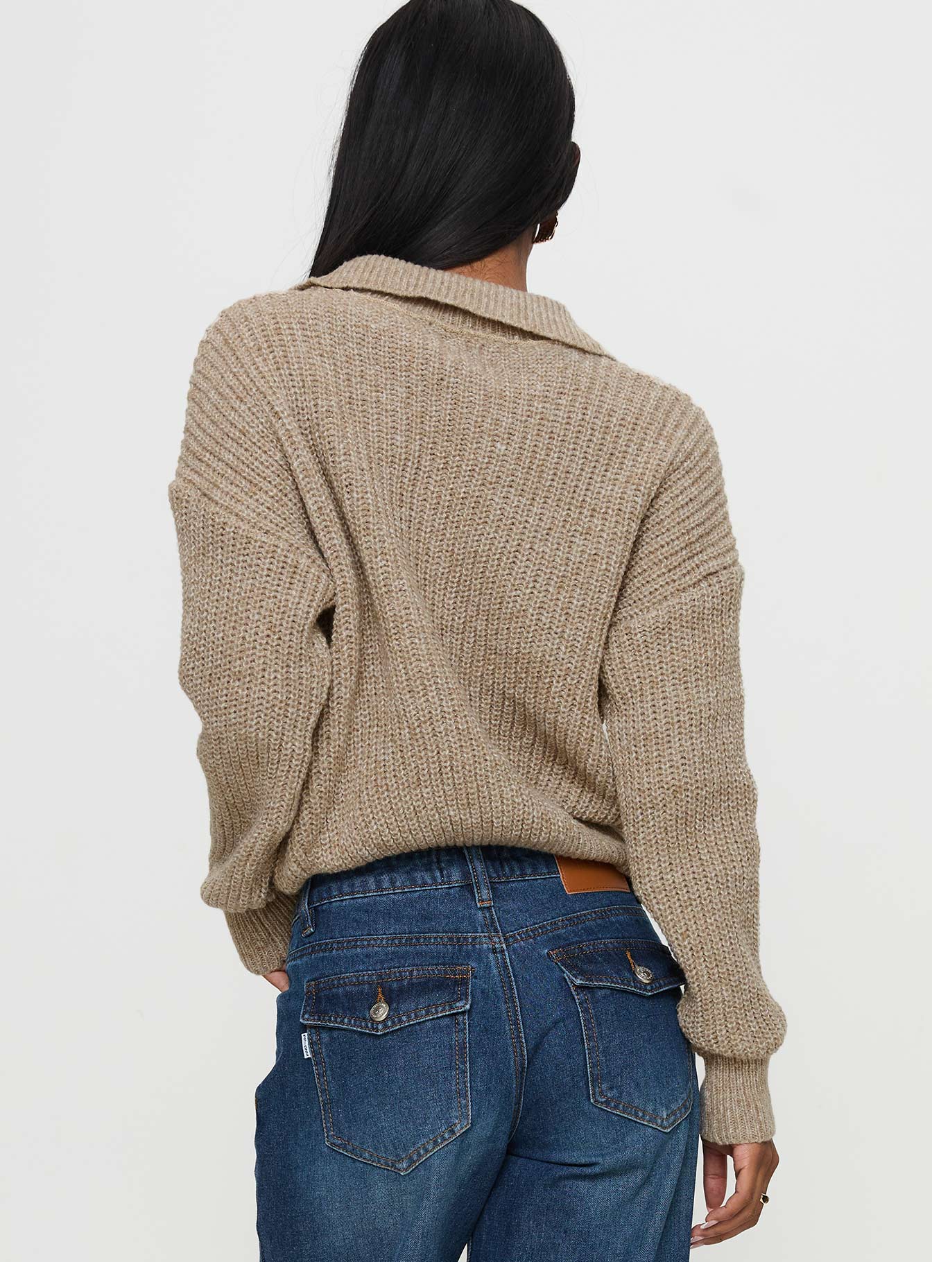 back view of model wearing Princess Polly Darcel Button Up Knit Cardigan Mocha 