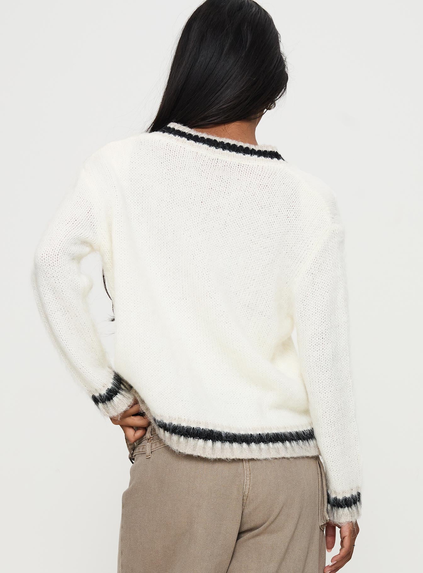 back view of model wearing Princess Polly Federation V Neck Knit Sweater White Long 