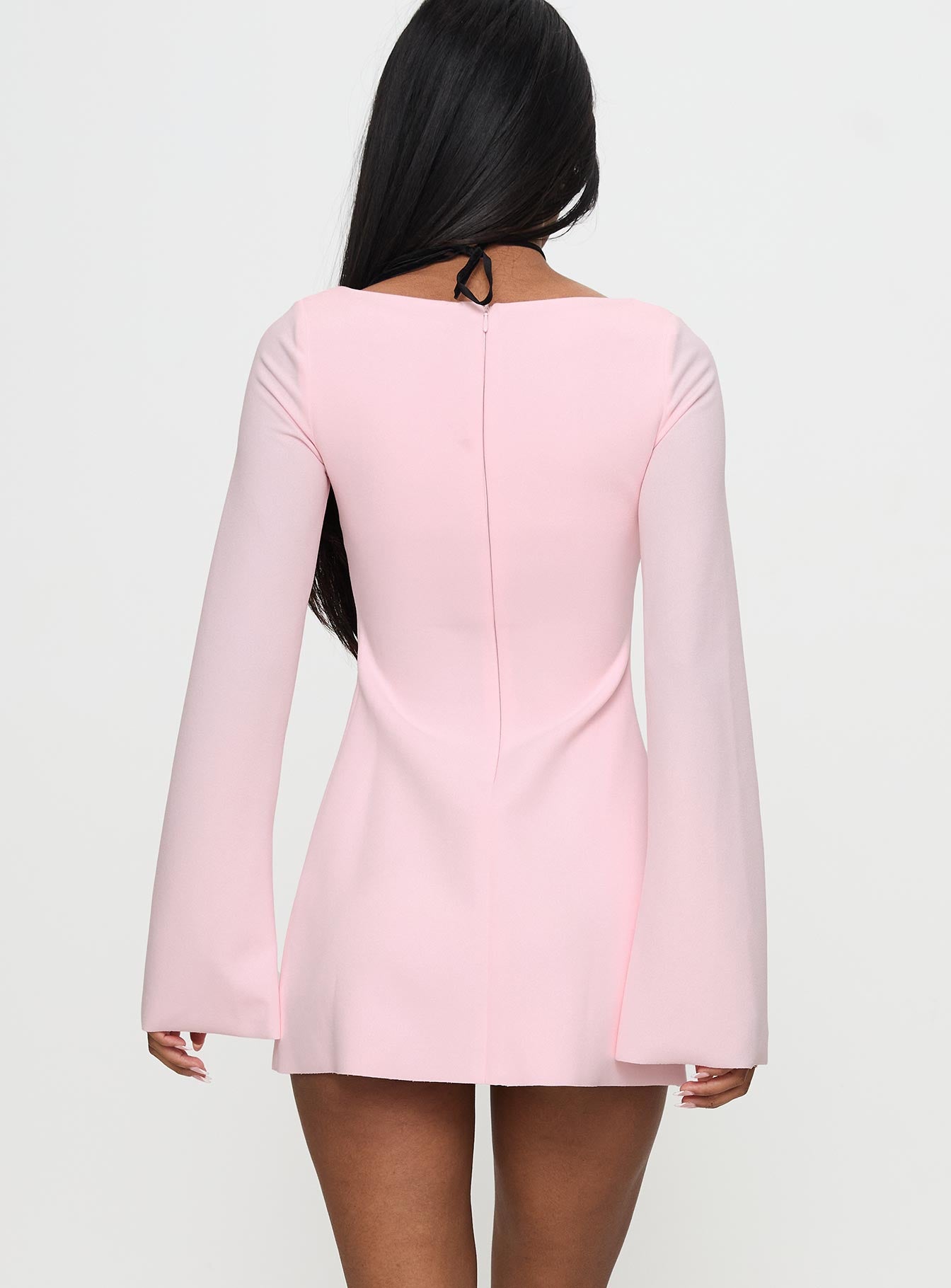 back view of model wearing Princess Polly Bombshell Long Sleeve Mini Dress Pink Square Neck 