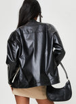 Faux leather jacket Embroidered graphic, high neck with button fastening, zip fastening Non-stretch, fully lined 