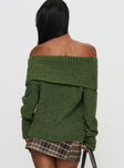 back view of model wearing Princess Polly Parkley Boucle Off The Shoulder Sweater Olive Long 