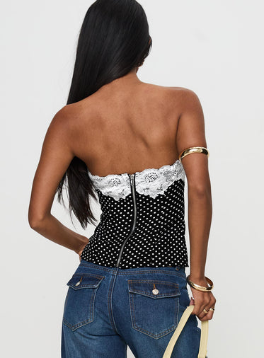 Ettore Lace Trim Strapless Top Black Polka