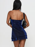 back view of model wearing Princess Polly Carette Strapless Mini Dress Navy Straight Neck 