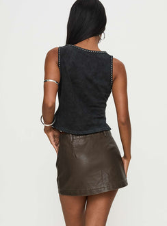 back view of model wearing Princess Polly Traverse Faux Leather Mini Skirt Washed Brown Mini Skirts 