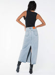 Denim midi skirt, mid rise, light wash denim Belt looped waist, zip and button fastening, five pocket design, split at back