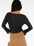 Long sleeve pointelle top, scooped neckline Twin tie fastening, open front Good stretch, unlined 