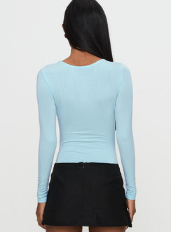 back view of model wearing Princess Polly Glorious Look Twist Detail Bodysuit Blue Full Sleeves 