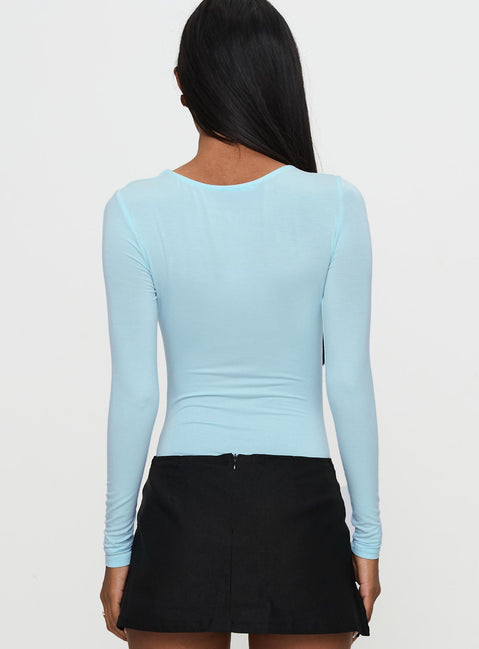 back view of model wearing Princess Polly Glorious Look Twist Detail Bodysuit Blue Full Sleeves 