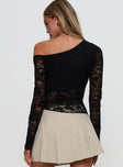 back view of model wearing Princess Polly Soffie Off Shoulder Lace Long Sleeve Top Black Full Sleeves Asymmetric Neckline 