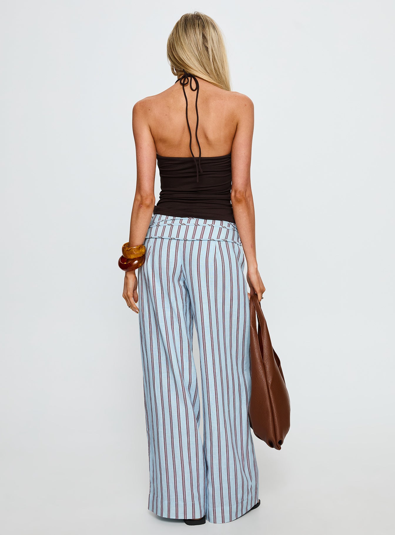back view of model wearing Princess Polly Silver Moon Linen Blend Tie Pants Blue / Maroon Stripe Mid Rise Pants 