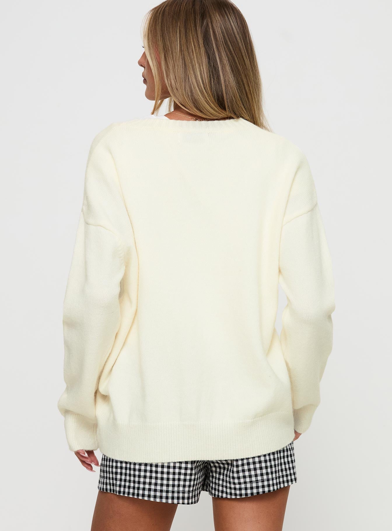 back view of model wearing Princess Polly Living Is Easy Knit Sweater White Long 
