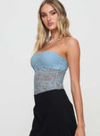 side view of model wearing Princess Polly Cupcake Strapless Bodysuit Blue Sleeveless 