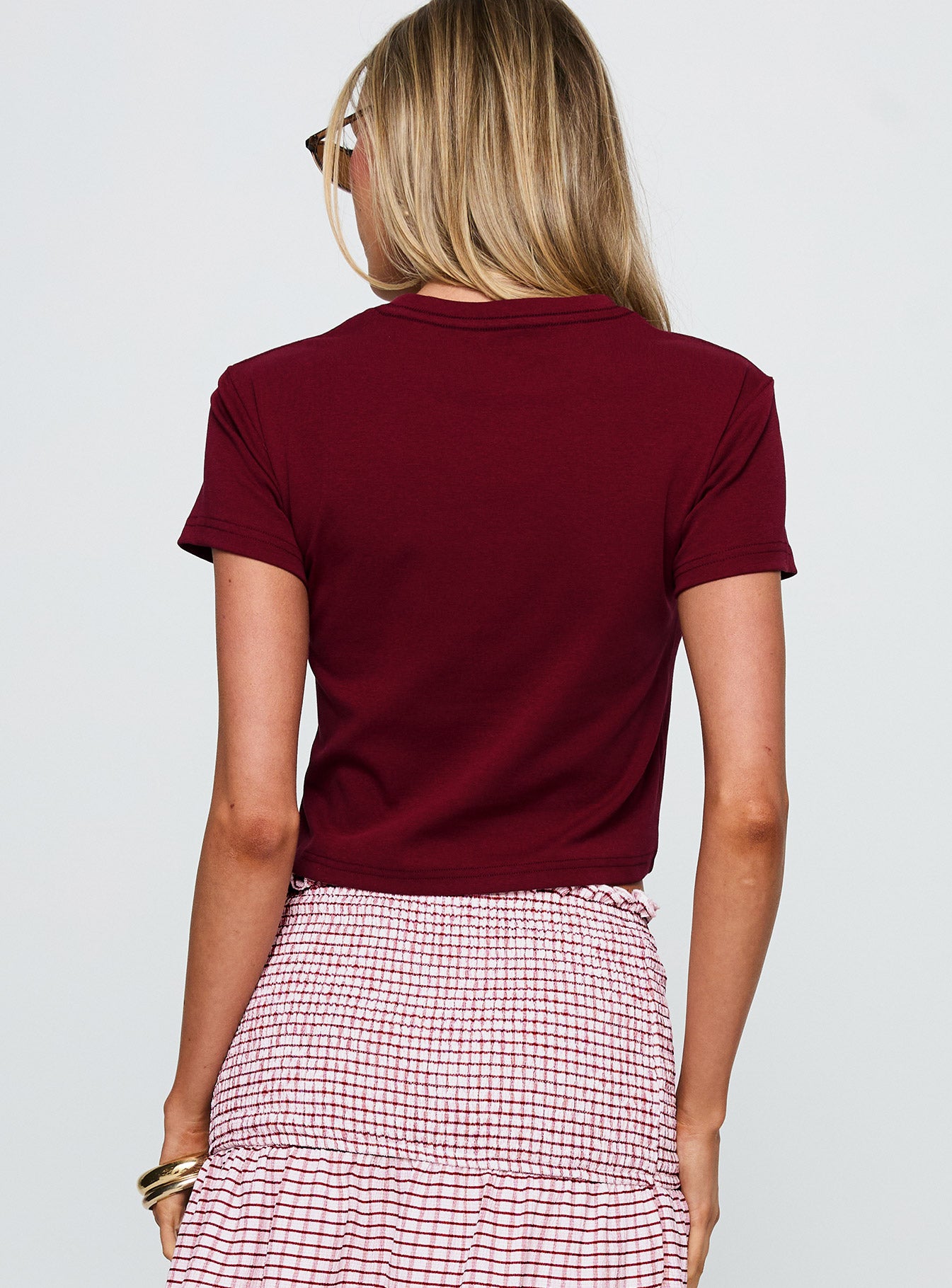 back view of model wearing Princess Polly Aerosmith Vintage Graphic Top Burgundy Short Sleeves Crew Neck 