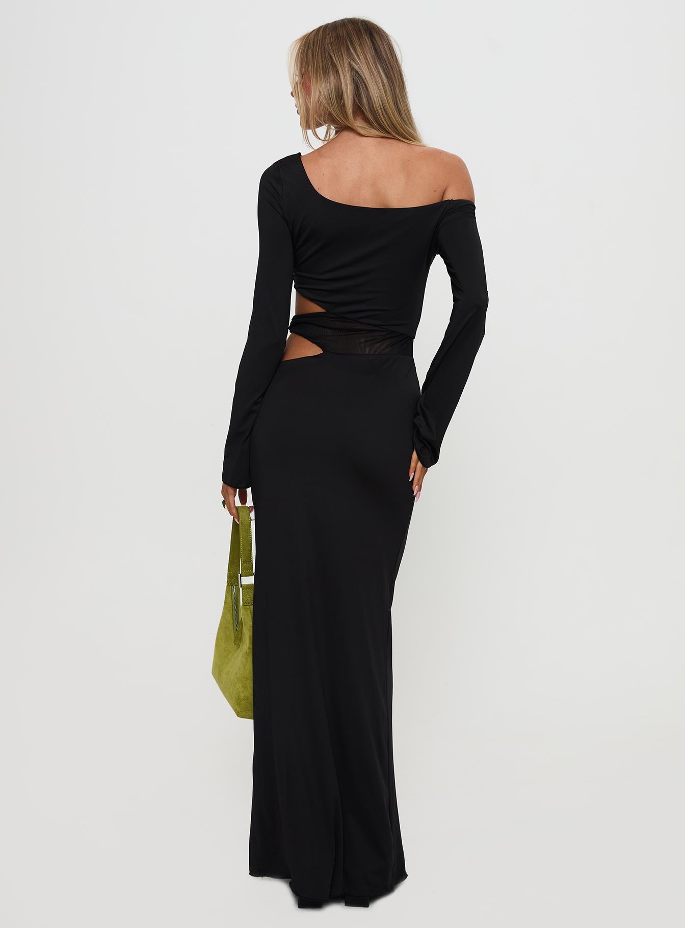 back view of model wearing Princess Polly Kazimier Long Sleeve Maxi Dress Black Asymmetric Neckline 