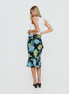 back view of model wearing Princess Polly Tarla Midi Skirt Crystal Black Flower Midi Skirts 