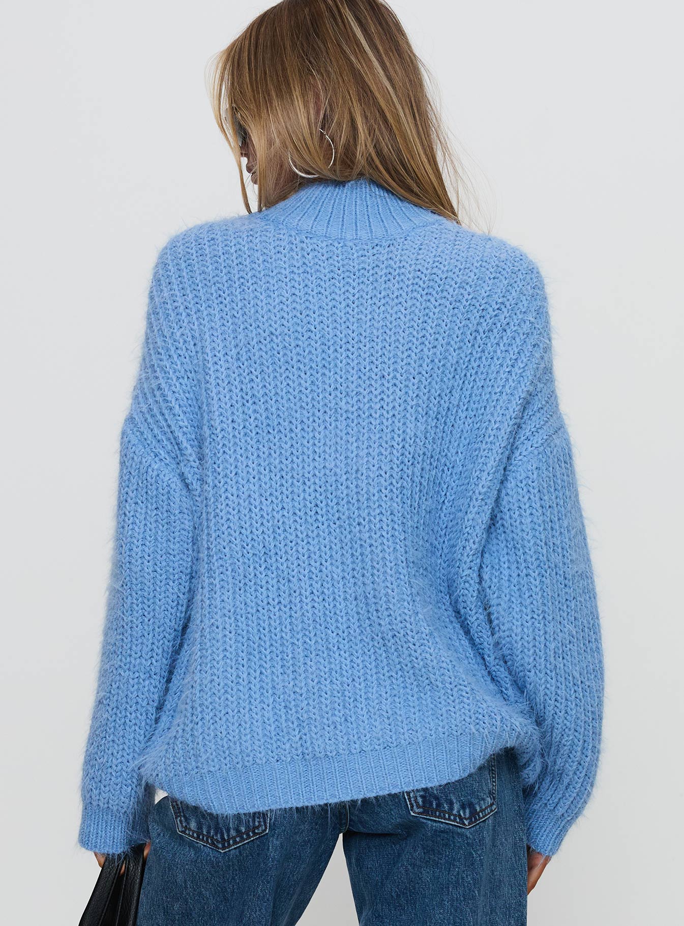 back view of model wearing Princess Polly Gavelston Crew Neck Waffle Sweater Blue Long 