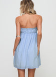 back view of model wearing Princess Polly Wynston Mini Dress Blue Gingham Straight Neck 