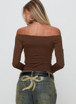 back view of model wearing Princess Polly Endellion Off Shoulder Long Sleeve Top Chocolate Full Sleeves straight 