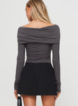 back view of model wearing Princess Polly Sundlow Off Shoulder Bodysuit Slate Full Sleeves 