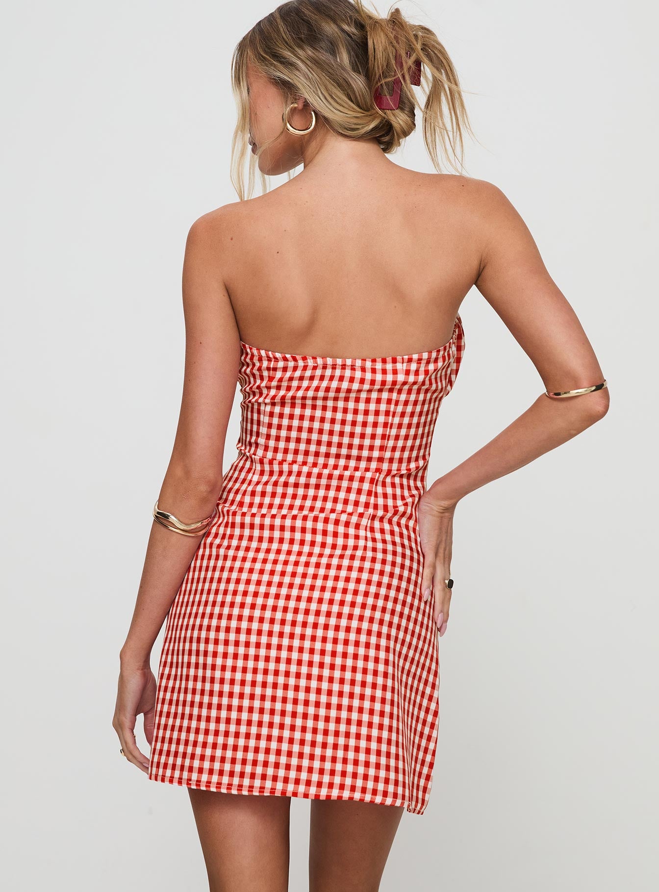 back view of model wearing Princess Polly Double Date Mini Dress Red Gingham Straight Neck 