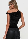 back view of model wearing Princess Polly Dream Came True Asymmetrical Velvet Top Black Sleeveless Asymmetric Neckline 